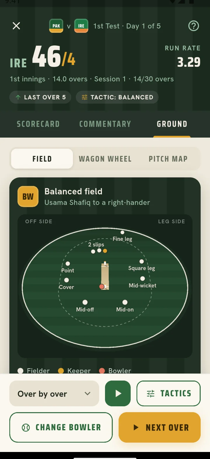 Ground view of a balanced field, two slips, point, cover and fine leg named on a broadcast-style oval