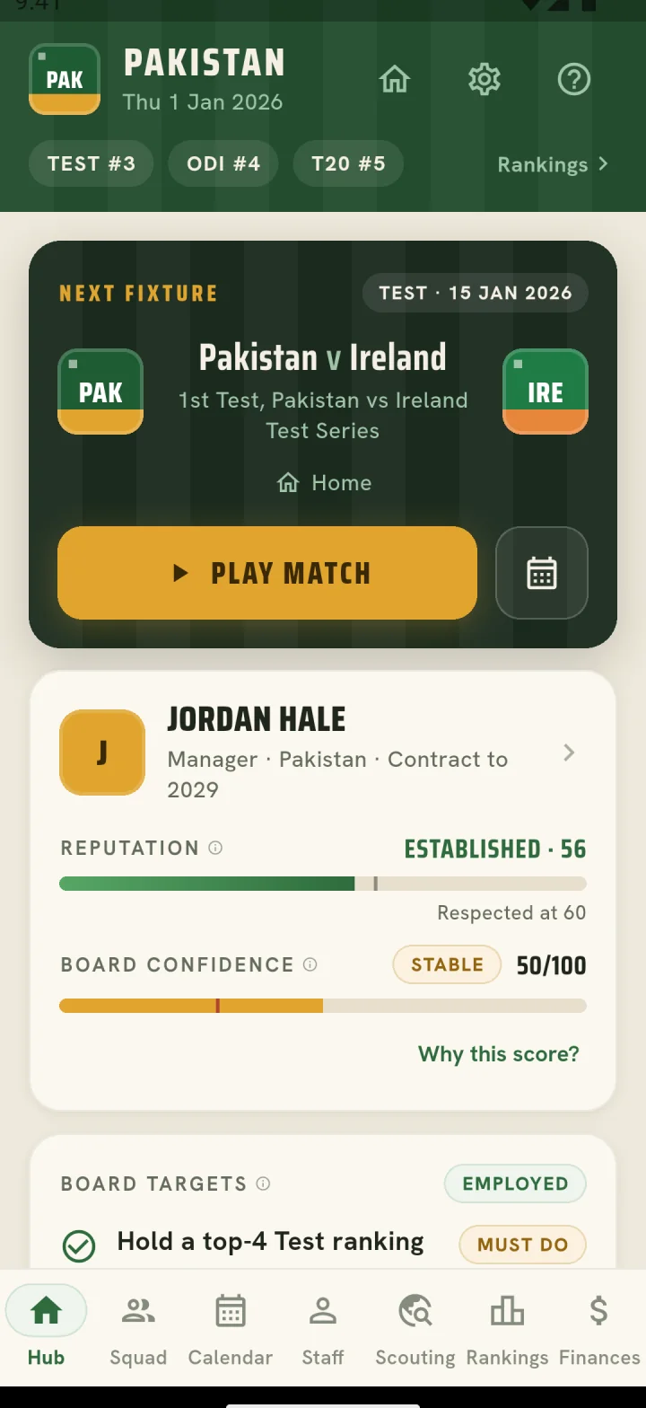 Career hub with the next fixture and a PLAY MATCH button