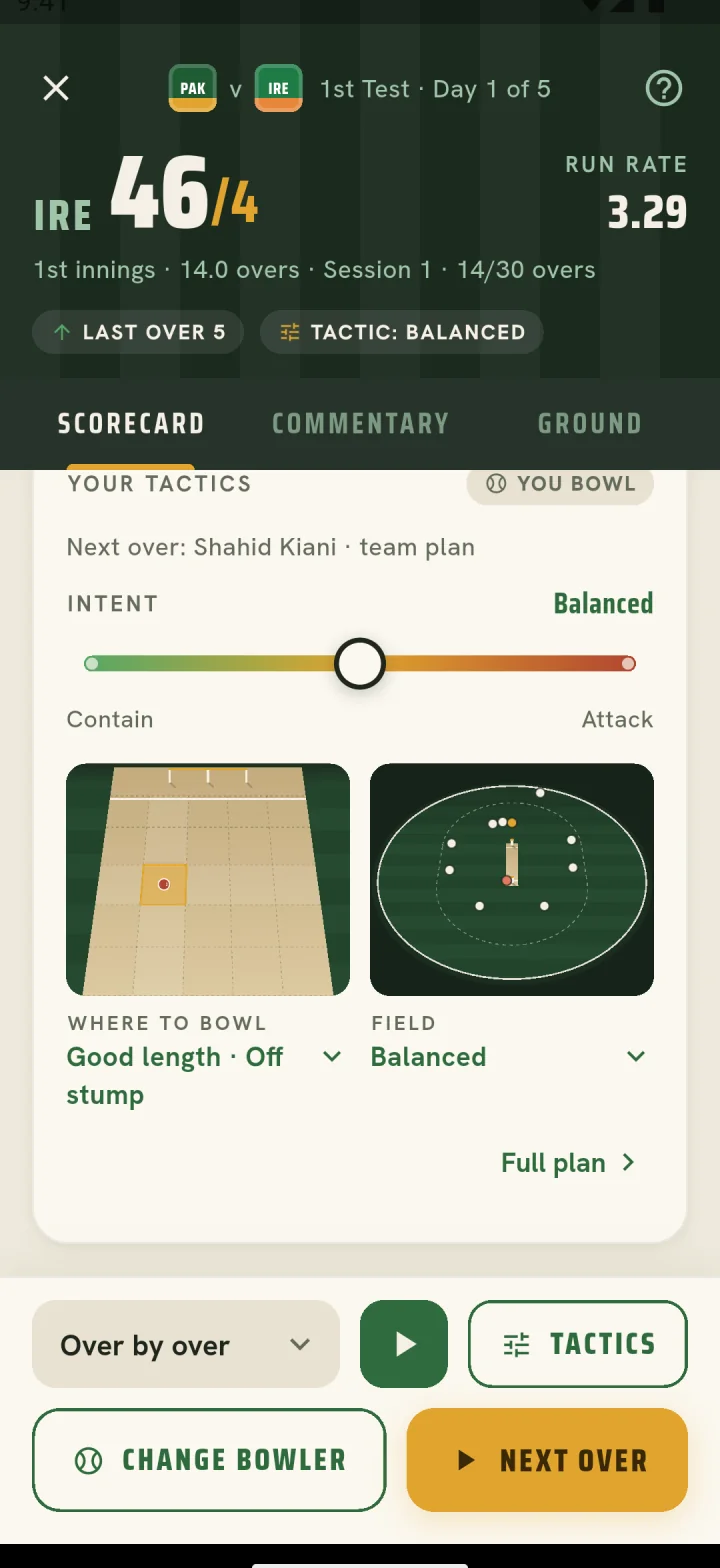 Your tactics card on the live scorecard, with intent slider, target on the pitch and field