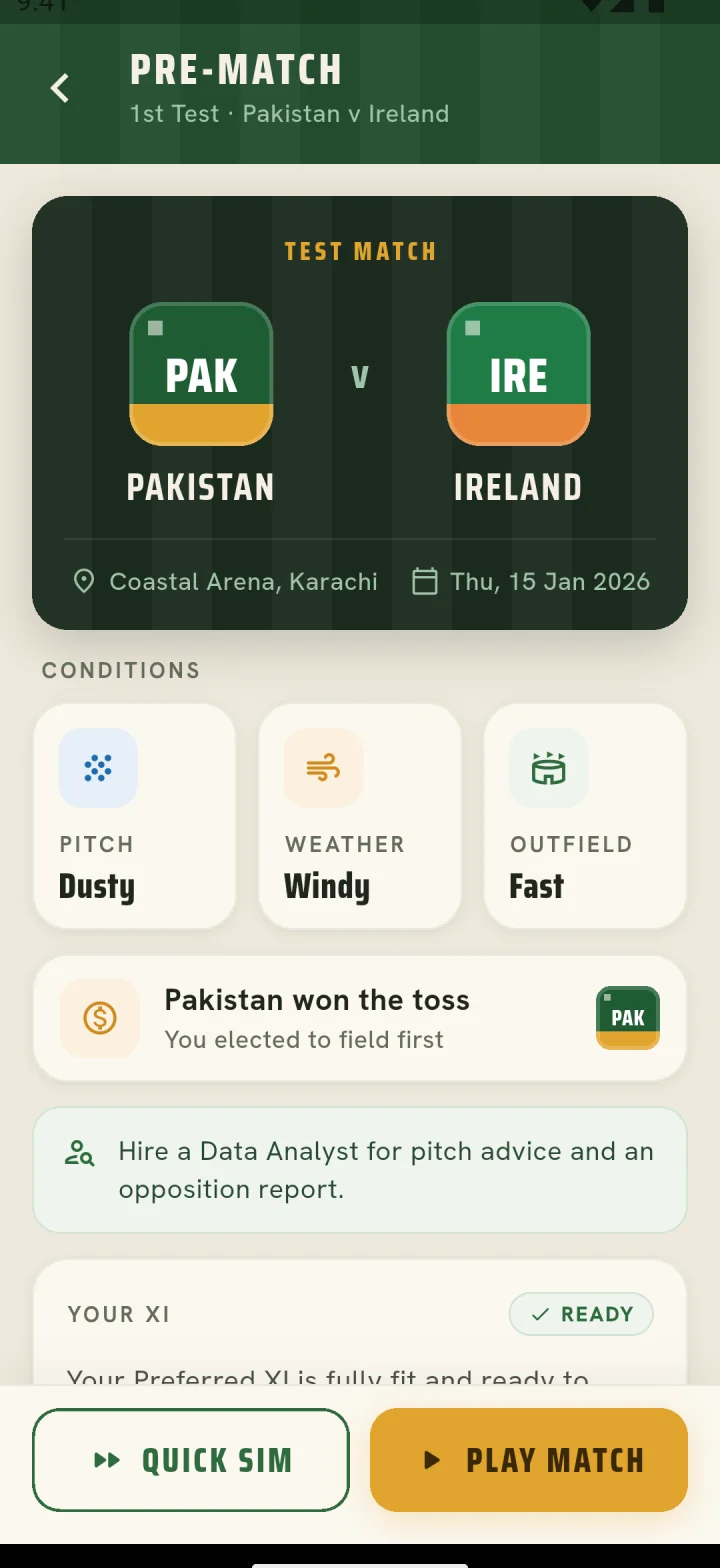 Pre-match screen for Pakistan v Ireland, with pitch, weather and outfield conditions and the toss
