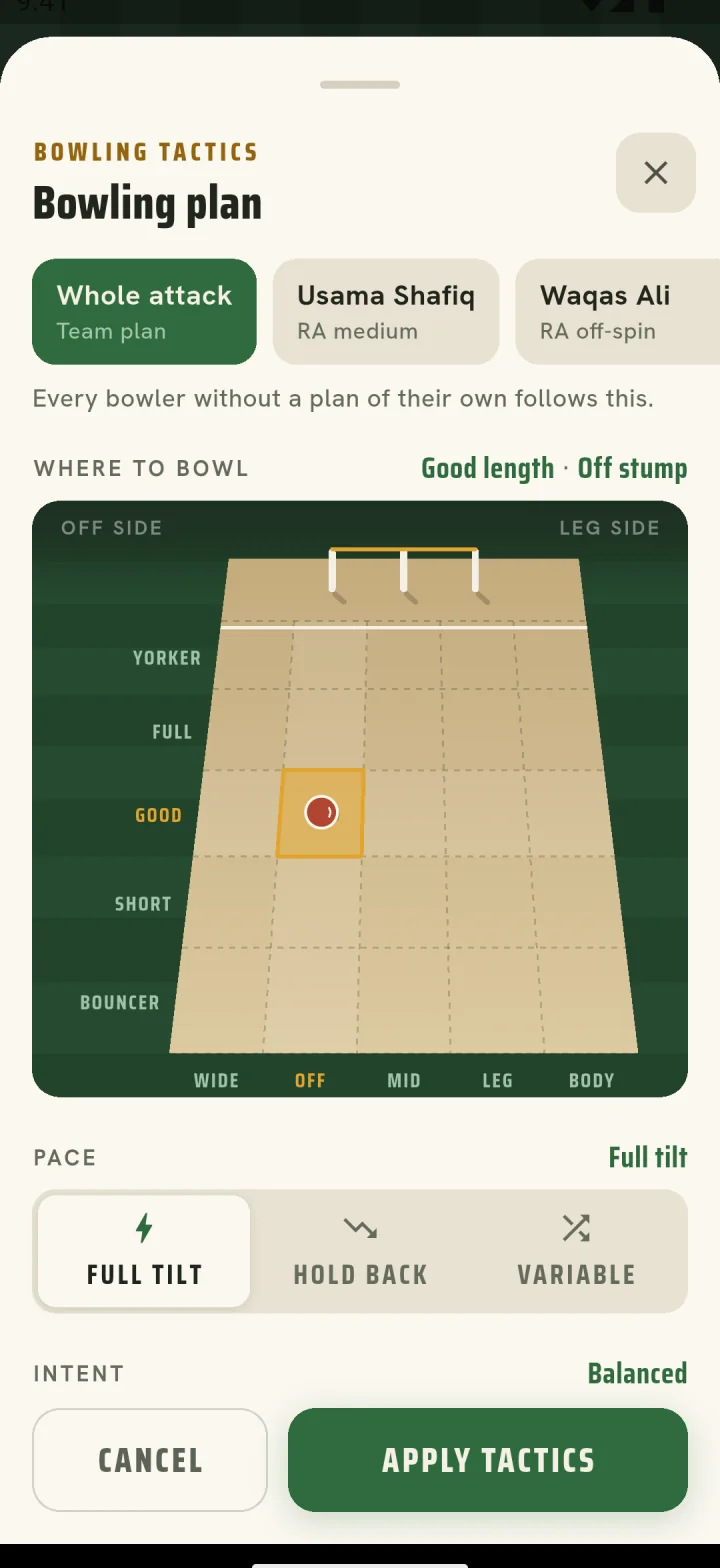 Bowling plan sheet: a five-by-five pitch board with good length on off stump selected, and a pace control